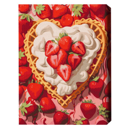 Pictură pe numere 40×50 cm (fără cutie)  –  Căpșuni și cremă Setul include: 	pânză de bumbac cu o diagramă numerotată a imaginii, pe o ramă de lemn 	 3 perii de diferite grosimi 	 vopsele acrilice numerotate 	 monturi pentru fixare pe perete