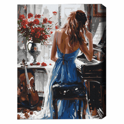 Pictură pe numere 40х50 cm (fără cutie) –  Moment melodic Setul include: 	pânză de bumbac cu o diagramă numerotată a imaginii, pe o ramă de lemn 	 3 perii de diferite grosimi 	 vopsele acrilice numerotate 	 monturi pentru fixare pe perete