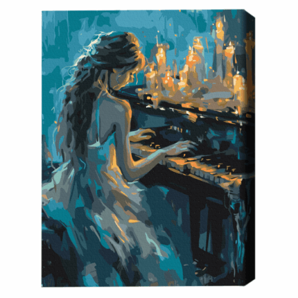 Pictură pe numere 40*50 cm (în cutie) – Pianista Setul include:• pânză de bumbac cu o diagramă numerotată a imaginii, pe o ramă de lemn• 3 perii de diferite grosimi• vopsele acrilice numerotate• monturi pentru fixare pe perete