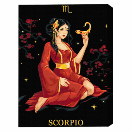 Pictură pe numere 40*50 сm (pânză neagră/fără cutie) – Scorpion Setul include: 	pânză de bumbac cu diagramă numerotată a imaginii, pe o ramă de lemn. Toate segmentele sunt pictate suplimentar în culoarea neagră 	 3 perii de diferite grosimi 	 vopsele acrilice numerotate