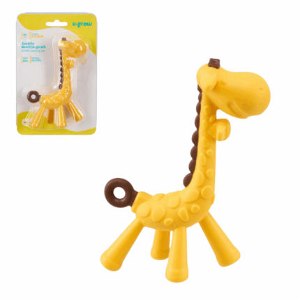 Jucărie dentitie — Girafă Jucăria în formă de girafă este fabricată din silicon moale, non-toxic și nu conține BPA. Micuții vor adora suprafețele texturate ale acestei jucării de dentiție, care au rolul de a calma dinții și gingiile dureroase.Datorită culorii vii, va atrage atenția copiilor încă de la prima vedere, promovând dezvoltarea vizuală și cognitivă a acestora. Se poate atașa foarte ușor o clemă-agățătoare de coada girafei pentru a preveni căderea acesteia.Caracteristici: 	Jucăria este perfect dimensionată pentru a fi ținută cu ușurință în mână, atât de către un nou-născut, cât și de un copil puțin mai mare. 	Se poate dezinfecta în apă fiartă sau în sterilizator. 	Este compatibilă cu mașina de spălat vase. 	Se spală cu detergent pentru vase și apă caldă. 	Se poate folosi sterilizator UV.Nu apropiați produsul de foc sau temperaturi înalte pentru a evita deformarea.Vârsta recomandată: 3 luni+.