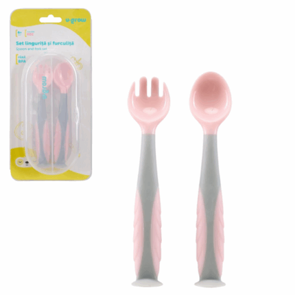 Set lingurita si furculita U-Grow, roz Set tacamuri compus din lingurita si furculita recomandat copiilor peste 6 luni.Caracteristici: 	usor de tinut datorita formei ergonomice 	au marginile rotunjite pentru siguranta copilului, nu rănește gingiile bebelușului în procesul de hrănire. 	usor de curatat, se pot spala in masina de spalat vase 	nu contin BPA 	acestea vin la pachet cu o caseta din PP pentru a fi depozitateSe spală cu detergent pentru vase și apă caldăSe spală în mașina de spălat vase
