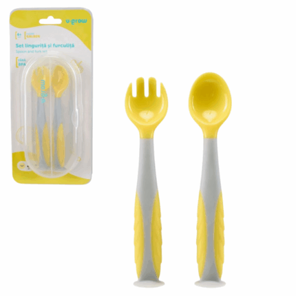 Set lingurita si furculita U-Grow, galben Set tacamuri compus din lingurita si furculita recomandat copiilor peste 6 luni.Caracteristici: 	usor de tinut datorita formei ergonomice 	au marginile rotunjite pentru siguranta copilului, nu rănește gingiile bebelușului în procesul de hrănire. 	usor de curatat, se pot spala in masina de spalat vase 	nu contin BPA 	acestea vin la pachet cu o caseta din PP pentru a fi depozitateSe spală cu detergent pentru vase și apă caldăSe spală în mașina de spălat vase
