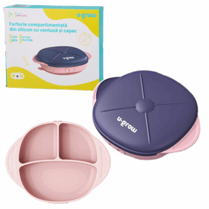 Farfurie compartimentata din silicon U-Grow cu ventuza si capac, mov-roz Farfuria compartimentată este un accesoriu indispensabil la începutul diversificării copilului. Este foarte important ca micuțul să experimenteze gusturi și texturi noi, ceea ce îl va ajuta ulterior să se integreze în bucuria meselor în familie.Caracteristici: 	Nu conține substanțe toxice: BPA, plastic, peroxizi, ftalați sau metale grele. 	Se fixează ferm pe suprafețe și nu alunecă: ventuza previne alunecarea și răsturnarea. 	Capac etanș de protecție care asigură păstrarea îndelungată a alimentelor. 	Dezvoltă motricitatea fină și abilitățile de hrănire independentă, stimulând autodiversificarea și diversificarea. 	Îmbunătățește coordonarea și îndemânarea copilului: hrana poate fi separată în compartimentele farfuriei. 	Ușoară, rezistentă și durabilă: siliconul este un material foarte rezistent, care nu se rupe, nu crapă și nu se sparge. Farfuria poate fi folosită în congelator, cuptor electric sau cu microunde, rezistând la temperaturi între -40 °C și +220 °C.Capacitate: 600 mlVârsta recomandată: 6 luni+Ușor de curățat: poate fi spălată în mașina de spălat vase.Se poate folosi și cu sterilizator UV.