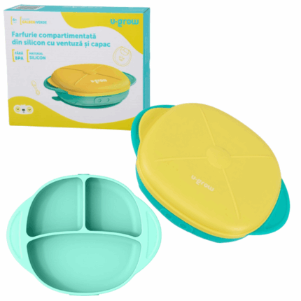 Farfurie compartimentata din silicon U-Grow cu ventuza si capac, galben-verde Farfuria compartimentată este un accesoriu indispensabil la începutul diversificării copilului. Este foarte important ca micuțul să experimenteze gusturi și texturi noi, ceea ce îl va ajuta ulterior să se integreze în bucuria meselor în familie.Caracteristici: 	Nu conține substanțe toxice: BPA, plastic, peroxizi, ftalați sau metale grele. 	Se fixează ferm pe suprafețe și nu alunecă: ventuza previne alunecarea și răsturnarea. 	Capac etanș de protecție care asigură păstrarea îndelungată a alimentelor. 	Dezvoltă motricitatea fină și abilitățile de hrănire independentă, stimulând autodiversificarea și diversificarea. 	Îmbunătățește coordonarea și îndemânarea copilului: hrana poate fi separată în compartimentele farfuriei. 	Ușoară, rezistentă și durabilă: siliconul este un material foarte rezistent, care nu se rupe, nu crapă și nu se sparge. Farfuria poate fi folosită în congelator, cuptor electric sau cu microunde, rezistând la temperaturi între -40 °C și +220 °C.Capacitate: 600 mlVârsta recomandată: 6 luni+Ușor de curățat: poate fi spălată în mașina de spălat vase.Se poate folosi și cu sterilizator UV.