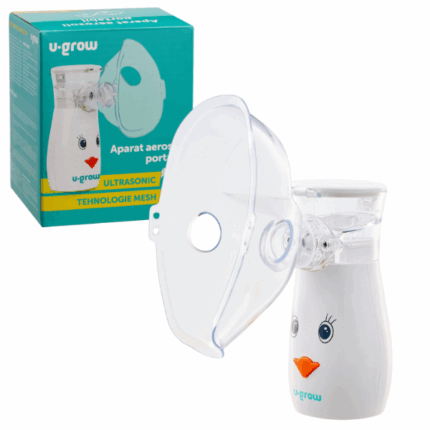 Aparat aerosoli portabil cu ultrasunete U-Grow Acest dispozitiv utilizeaza tehnologia de ultima generatie a sitei microporoase de atomizare cu ultrasunete, care pulverizeaza substantele medicamentoase sub forma de aerosoli/vapori si le administreaza direct pacientului in vederea inhalarii.Atat pacientii adulti, cat si copiii pot suferi de astm, de boli pulmonare obstructive cronice (BPOC), cum ar fi emfizemul si bronsita cronica, sau de alte boli respiratorii care se caracterizeaza prin obstructionarea fluxului de aer.Cum se utilizează: 	Deschideți rezervorul pentru medicamente și umpleți-l cu ser fiziologic sau cu soluție medicamentoasă (max. 10 ml). 	Închideți capacul și atașați piesele necesare: masca sau muștiucul.Pentru muștiuc: țineți-l bine cu buzele.Pentru mască: aplicați-o peste nas și gură. 	Apăsați butonul PORNIRE/OPRIRE pentru a selecta nivelul dorit: 	5 ml de soluție vor fi nebulizați în:~15 minute (nivel ridicat),~20 minute (nivel mediu),~30 minute (nivel scăzut). 	Aparatul pornește și indicatorul LED albastru se aprinde — semn că funcționează corect. 	Dispozitivul se oprește automat după 20 de minute. Apăsați din nou butonul pentru a relua utilizarea.Conținutul pachetului: 	1× nebulizator; 	1× cablu USB; 	2× măști (una pentru adulți și una pentru copii); 	1× muștiuc; 	1× manual de utilizare.Specificații tehnice: 	Alimentare: 100–240V, 50–60Hz, 0,15A; 	Intrare: 5V/1A; 	Dimensiunea particulelor: ≤5 μm; 	Debit soluție: ~0,2 ml/min; 	Zgomot: ≤50 dB; 	Volum rezervor: max. 10 ml; 	Greutate: 100 g ±5% (fără accesorii); 	Dimensiuni: 118 mm (înălțime), 39,5 mm (diametru); 	Material carcasă: plastic ABS; 	Temperatura de funcționare: +5°C ~ +40°C; 	Umiditate în utilizare: 15% ~ 93%; 	Temperatura de depozitare: -10°C ~ +45°C.U-Grow  este soluția portabilă, silențioasă și eficientă pentru terapia respiratorie zilnică acasă sau în călătorie.