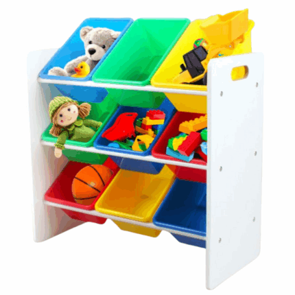 Raft depozitare jucarii, coșuri multicolore, U-Grow Raft cu 9 coșuri din polipropilenă – soluție practică și atractivă pentru organizareAcest raft din PAL cu 9 coșuri din polipropilenă este soluția ideală pentru organizarea jucăriilor, hainelor, cărților sau accesoriilor. Este conceput special pentru camerele copiilor, fiind practic, colorat și ușor de utilizat de cei mici.Caracteristici principale:✔ Structură solidă din PAL – stabilitate și durabilitate în timp✔ 9 coșuri din PP – ușor de întreținut și rezistente✔ Culori vii –  ideale pentru decoruri vesele✔ Organizare eficientă – pentru obiecte mici și medii✔ Înălțime accesibilă – copiii pot folosi raftul singuri✔ Asamblare ușoară – montaj rapid, coșuri detașabile✔ Siguranță – margini rotunjite și materiale non-toxiceUn raft perfect pentru a menține ordinea în camera copilului și pentru a-i învăța responsabilitatea.Materiale: PAL + PPDimensiuni: 63×30×60 cmGreutate: 5,2 kg
