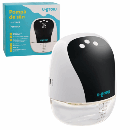 Pompa de sân electrică și portabilă U-Grow Pompa de sân electrică și portabilă U-Grow este soluția ideală pentru mămicile care doresc să extragă laptele matern confortabil și eficient, pentru hrănirea ulterioară a bebelușului. Cu 10 niveluri de intensitate a sucțiunii, 10 moduri de stimulare, 5 niveluri de masaj și 3 niveluri de extragere, dispozitivul poate fi adaptat nevoilor individuale, oferind confort maxim în timpul folosirii.U-Grow este concepută pentru utilizare acasă, la serviciu sau în deplasare — permițând continuarea alăptării și crearea unor rezerve sănătoase de lapte matern. Designul unic direcționează laptele direct în recipientul de colectare, iar poziția relaxată și confortabilă a mamei contribuie la o extracție mai ușoară.Moduri de funcționare principale: 	Masaj – simulează suptul inițial al bebelușului, activând reflexul de ejecție; 5 niveluri reglabile. 	Stimulare – 10 niveluri pentru stimularea activă a sânului și creșterea eficienței. 	Extragere – 3 niveluri pentru extragerea eficientă a laptelui chiar și în cazul mameloanelor plate sau retractate. 	Sucțiune – 10 niveluri care simulează suptul natural pentru o extracție optimă.Caracteristici suplimentare: 	Motor silențios și afișaj digital cu stingere automată. 	Funcție de memorie care reține ultimul mod utilizat. 	Baterie reîncărcabilă Li-Ion 1300mAh; funcționează la priză 220V sau prin USB. 	Capacitatea recipientului: 180 ml. 	Se recomandă pauză la fiecare 30 minute de utilizare continuă.Setul conține: 	Pompa electrică 	2 cupe de silicon (17 mm și 21 mm) 	Recipient pentru lapte 	Adaptor și cablu USB 	Supapă de silicon de rezervăU-Grow este un partener de încredere pentru orice mamă, oferind confort, mobilitate și siguranță pentru hrănirea sănătoasă a bebelușului tău.