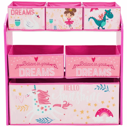 Dulap depozitare jucarii «Believe in your dreams» Dulap de depozitare jucării cu 6 cutii textile — soluție practică și comodăAcest dulap este ideal pentru organizarea jucăriilor, cărților și accesoriilor copiilor. A fost conceput pentru acces ușor și pentru menținerea ordinii în cameră. Dulapul conține 6 cutii de depozitare de diferite dimensiuni: 	3 cutii mici — perfecte pentru obiecte mici, accesorii sau figurine 	2 cutii medii — potrivite pentru jucării de dimensiuni medii, rechizite sau cărți 	1 cutie mare — ideală pentru jocuri mari, jucării moi sau alte obiecte voluminoaseCaracteristici principale: 	Material rezistent — pin 	Design ergonomic — acces facil pentru copii, cu margini rotunjite pentru siguranță 	Culori vii — disponibile în diverse variante potrivite pentru camera copilului 	Dimensiuni compacte — se potrivește în orice spațiu, fără a ocupa mult loc 	Asamblare ușoară — montaj rapid și simplu, ușor de mutat după nevoieAcest dulap este soluția ideală pentru părinții care doresc să încurajeze copiii să fie ordonați și să-și organizeze lucrurile într-un mod plăcut și accesibil.Dimensiuni: 63x30x60 cm