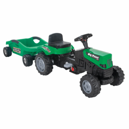 Tractor cu remorca Power, verde Tractor cu remorca Pilsan Power ideal pentru micii fermieri de la 3 ani în sus. Tractorul este pus în mișcare prin pedalare, având un sistem fiabil de transmisie cu curea și un mecanism patentat pentru o direcție ușoară. Claxonul amuzant adaugă un plus de distracție în timpul jocului.Scaunul reglabil și designul ergonomic oferă confort maxim copilului, iar remorca extinde opțiunile de joacă creativă.Fabricat din materiale sigure și durabile, conform tuturor standardelor europene de siguranță. 