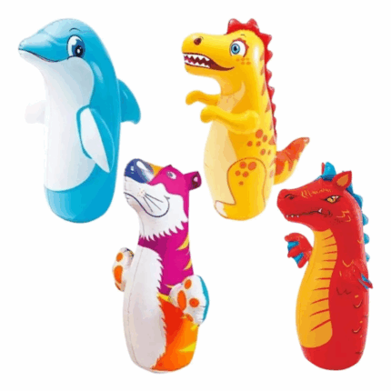INTEX Mini boppers jucărie gonflabilă «Animal» 3 modele, 3+ Jucăria umflabilă „3-D Bop Bags” Intex 44669 este o distracție nouă pentru copilul tău. Mini-boppers-ul este destinat copiilor de la 3 ani și este fabricat din vinil de înaltă rezistență (PVC). Tot ce trebuie să faci este să scoți jucăria din cutie, să o umpli cu aer și să adaugi apă în rezervorul special pentru stabilitate. Funcționează pe principiul „nenvaleașcă”, oferindu-le copiilor posibilitatea de a se distra în timp ce își dezvoltă coordonarea mișcărilor.Aceasta este o modalitate excelentă de a te asigura dacă copilul are abilități pentru box, înainte de a cumpăra o adevărată sacoșă de box!Caracteristici: 	Dimensiune „Delfin”: 97x61 cm 	Dimensiune „Dinozaur”: 94x61 cm 	Dimensiune „Tigru”: 98x44 cm 	Material: vinil (partea superioară a jucăriei – 0,20 mm, rezervorul pentru apă – 0,30 mm)Aceste jucării sunt ideale pentru jocuri active și pentru dezvoltarea abilităților motorii ale copilului!Dacă ai întrebări suplimentare sau ai nevoie de lămuriri, sunt aici să te ajut!