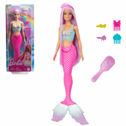 Кукла Barbie Dreamtopia «Русалка» Волшебная кукла-русалка Barbie очаровывает своими ультрадлинными розовыми волосами, которые можно расчесывать, укладывать и украшать снова и снова! В комплект входят аксессуары для создания причёсок, чтобы сделать игру ещё интереснее.Её образ дополняют морская диадема и корсет в виде ракушек — всё, чтобы создать сказочную атмосферу и вдохновить детей на волшебные приключения.Особенности: 	Длинные розовые волосы для укладок и творчества 	Аксессуары для волос в комплекте 	Волшебный образ с морской диадемой и украшенным лифом 	Поощряет сюжетную игру и развитие воображения 	Подходит для детей от 3 лет 	Кукла не умеет плавать и не стоит самостоятельно