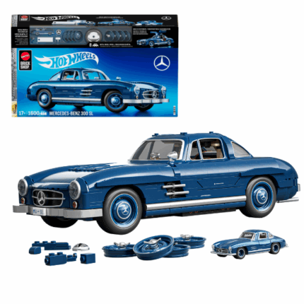 Set de construcție Hot Wheels – Mercedes-Benz 300 SL, scara 1:12 Simbolul eleganței auto, legendarul Mercedes-Benz 300 SL, poate fi acum construit chiar de tine! Acest set autentic la scară 1:12 oferă detalii clasice și rafinate, fiind o piesă de rezistență pentru orice colecție.Caracteristici: 	Scară 1:12 – dimensiune mare și detalii fidele 	Include piese metalice 	Roată de rezervă și valiză incluse 	Foaie cu abțibilduri pentru personalizare 	Plăcuță metalică cu semnătură 	Mașinuță metalică exclusivă cu cutie de expunere 	Ideal pentru colecționari și pasionați de automobile clasice