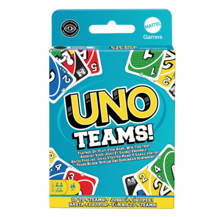 Настольная игра UNO Teams UNO Teams— это новый способ играть в классическое UNO! Теперь вы можете объединиться в пары и соревноваться против других команд. Все привычные правила сохраняются: нужно подбирать карты по цвету, числу или символу, но чтобы победить, оба игрока из команды должны избавиться от всех своих карт.В игре есть специальные карты, такие как «Дикая Командная Игра» и «Дикие 4 для команды», которые помогают вам работать в паре. А карта с символом передачи позволяет отдать одну карту своему напарнику!Если один из игроков сбрасывает все свои карты, он берет половину карт партнёра и продолжает игру. Не забудьте — когда у вас или у вашего партнёра остаётся одна карта, кричите «УНО!».Идеально для весёлого командного отдыха с друзьями и семьёй.