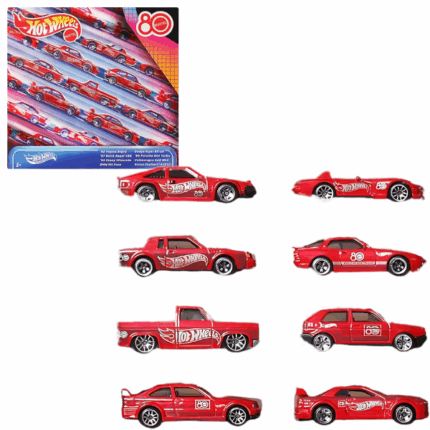 Hot Wheels Set aniversar „Silver Series”, 8 mașinuțe 1:64 Sărbătorește 80 de ani de la fondarea companiei Mattel cu setul exclusiv Hot Wheels „Silver Series”, format din 8 mașinuțe și camioane colecționabile la scara 1:64. Fiecare model are un design aniversar unic, iar două dintre vehicule sunt realizate integral din zinc, oferind o valoare specială pentru colecționari. Ambalajul premium, cu decor festiv, este ideal pentru depozitare sau pentru o prezentare de efect.Setul include: 	1983 Chevy Silverado 	1982 Toyota Supra 	1987 Buick Regal GNX 	BMW E36 M3 Race 	Dodge Viper RT10 	1989 Porsche 944 Turbo 	Nissan Skyline GT-R (R32) 	Volkswagen Golf Mk2Caracteristici: 	8 mașinuțe clasice cu design exclusiv pentru aniversarea de 80 de ani a companiei Mattel 	Ambalaj special de colecție 	Scara 1:64 	Potrivite atât pentru joacă, cât și pentru colecționare